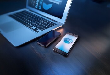 Poster - A laptop and two smartphones lie on a dark wooden table.