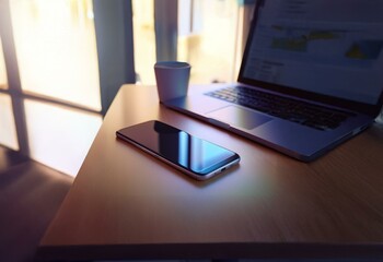 Aufkleber - A modern smartphone rests on a wooden table beside a closed laptop.