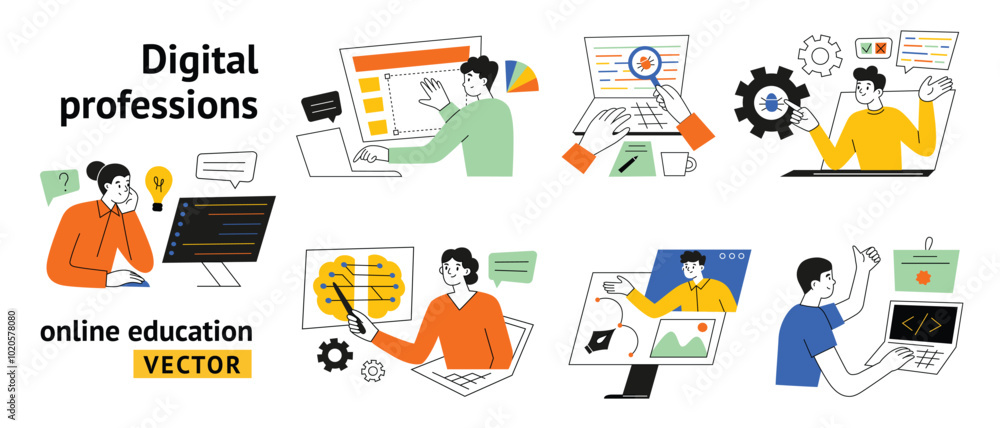 Vector illustrations of digital professions, online education set in ...
