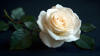 A single white rose elegantly placed on a reflective surface, symbolizing purity, remembrance, and elegance. The image highlights the delicate beauty of the flower against the smooth and glossy backgr