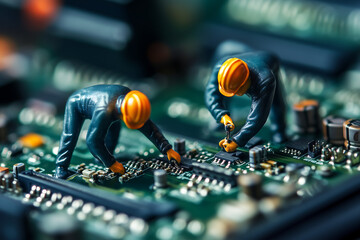 Miniature Construction Workers Fixing Microchip Components on a Circuit Board, Concept of Technology Maintenance and Repair