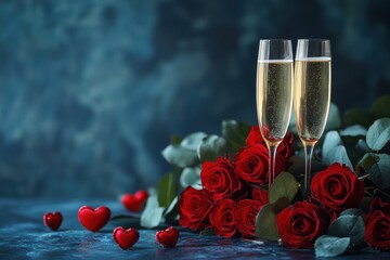 valentines day concept banner with champagne glasses, red rose bouquet, and space for text in a cozy