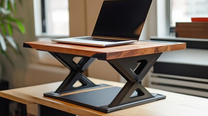 Modern adjustable standing desk with a wooden surface and laptop on display in a bright office setting