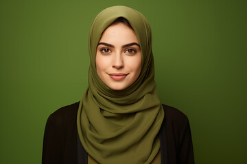 portrait of a young muslim woman in green hijab with confident smile. a portrait of a young muslim w