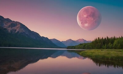 Wall Mural - a large, reddish moon hangs low over a serene mountain lake at sunset.
