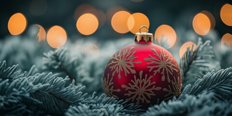 A red ornament with gold snowflake patterns rests on frosted pine branches with warm bokeh lights