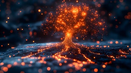 Poster - Mesmerizing Cosmic Tree of Fiery Radiance Illuminating the Ethereal Landscape. Captivating digital artwork showcasing a fantastical.