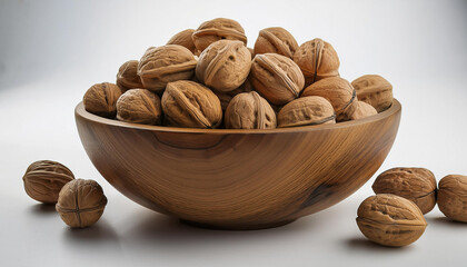 On a white background, walnuts filled in a wooden bowl and walnuts spilled next to the bowl. Snack healthy food.