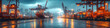 © prasong. - Panoramic view of a bustling seaport city at night,with illuminated container cargo cranes and skyline in the background. The scene depicts the global logistics and trade industry.
