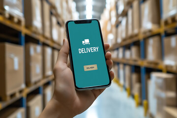 Hand Holding Smartphone with Delivery App Interface in a Warehouse Environment, Highlighting Technology in Logistics and Supply Chain Management