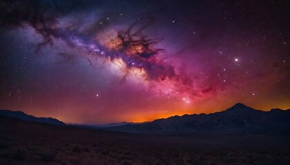 Wall Mural - the milky way stretches across the sky, illuminated by vibrant colors. snow-capped mountains and dis