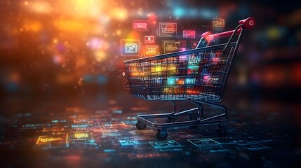 Sleek and minimalist online shopping cart with various purchase buttons and icons in a futuristic user interface design. The digital art features a clean and simple background with soft pastel colors.