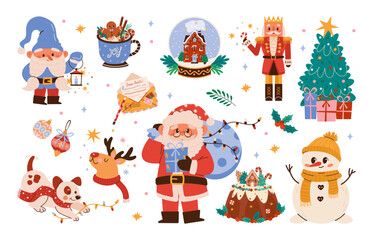 Set of Christmas stickers with snowman, santa claus, gingerbread, winter holiday pie. Xmas cute gnome, reindeer, snow globe, Nutcracker. Vector flat illustration of winter holiday isolated on white