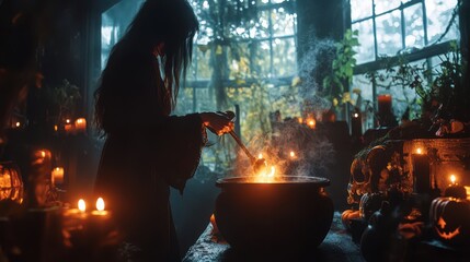 Sticker - Witch stirring a cauldron with glowing potions and spooky candles on Halloween night