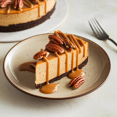 A delicious slice of delicious cheesecake with caramel sauce and nuts.