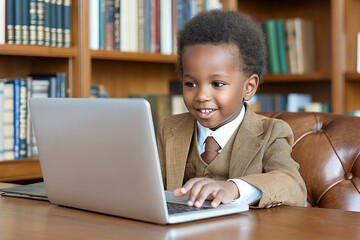 Young Boy Dressed as Businessman Using Laptop in Library