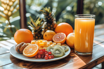 Fresh Fruit Assortment with Orange Juice on Sunny Table