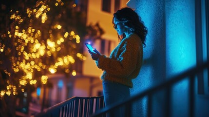 Woman using smartphone on balcony at night with blue and yellow lights