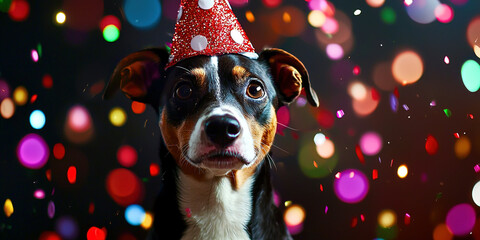 A dog wearing a red party hat is standing in front of a colorful background