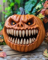 Wall Mural - hand carved small pumpkin with large teeth for festive decoration