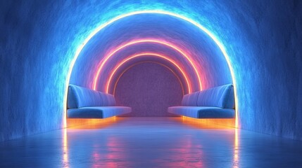 Canvas Print - A blue tunnel with neon lights and two white benches