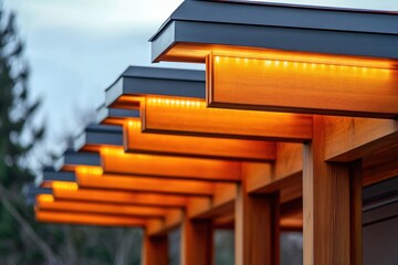 Modern wooden pergola with LED lights. This image is perfect for showcasing the beauty of modern architecture and design, as well as the functionality of LED lighting.