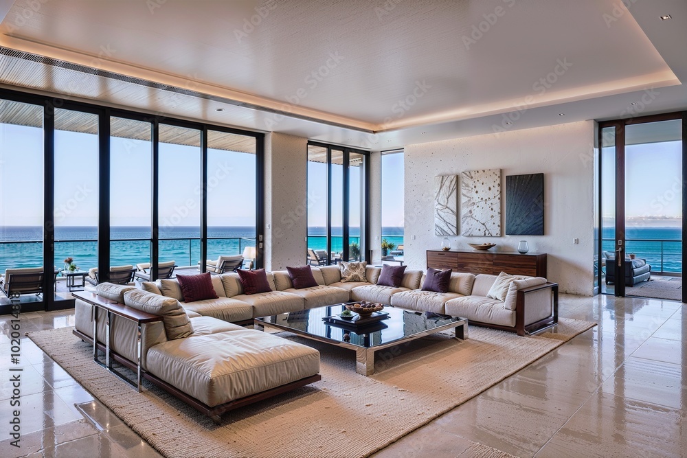 Luxury architecture, ocean front property landscape. Modern living room ...