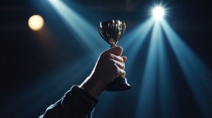 A close-up of a hand grasping a winner trophy, with beams of light illuminating the scene