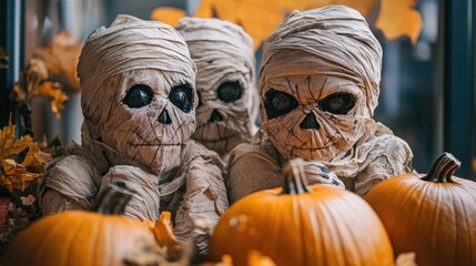 Wall Mural - halloween theme with mummies and pumpkins