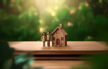 A wooden couple figurine stands in front of a miniature wooden house on a wooden table against a green blurry background.