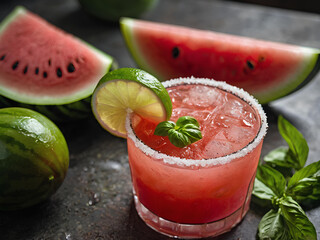 A mocktail made with fresh watermelon juice, lime, and a hint of basil, served in a frosty glass with a sugar rim.