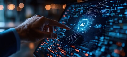 A businessman's hand is touching the screen with an AI icon floating above it, surrounded by data and binary code on a digital background. 