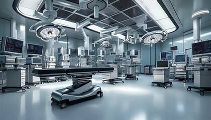 Modern operating room ambiance, high-tech medical equipment, professional care.