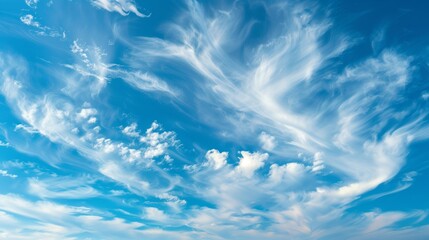 high altitude cirrus clouds swirling in clear blue sky