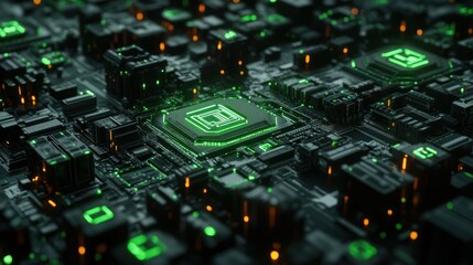 Close-up of a Green Illuminated Computer Motherboard with Circuitry