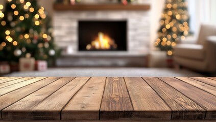 Wooden table top with cozy fireplace and Christmas tree in the background