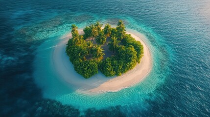 Tropical island with palm trees surrounded by turquoise waters, white sandy beach, idyllic getaway, remote paradise, clear blue ocean, pristine nature, aerial view