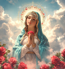 a beautiful painting of the holy mary, praying with roses in her hands, wearing blue and red