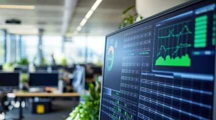 Close-up of a computer screen displaying graphs and charts in an office setting.