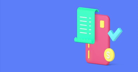 Approved card payment banking financial e money transaction 3d icon animation. Shopping paying success goods buying purchase receipt invoice cashless transfer