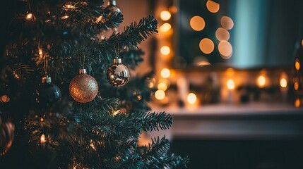 Festive Christmas Tree with Warm Lights and Ornaments