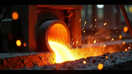 Molten metal being poured into a mold, illustrating industry, heat, and manufacturing processes in a dynamic and vivid industrial foundry setting.