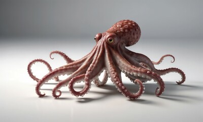 A brown octopus is comfortably sitting on a clean white surface