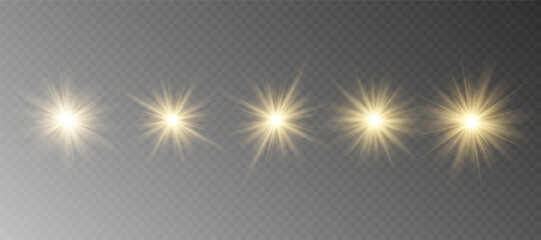 Wall Mural - Yellow glowing light explodes on a transparent background. Sparkling magical dust particles. Bright Star. Transparent shining sun, bright flash. Vector sparkles.