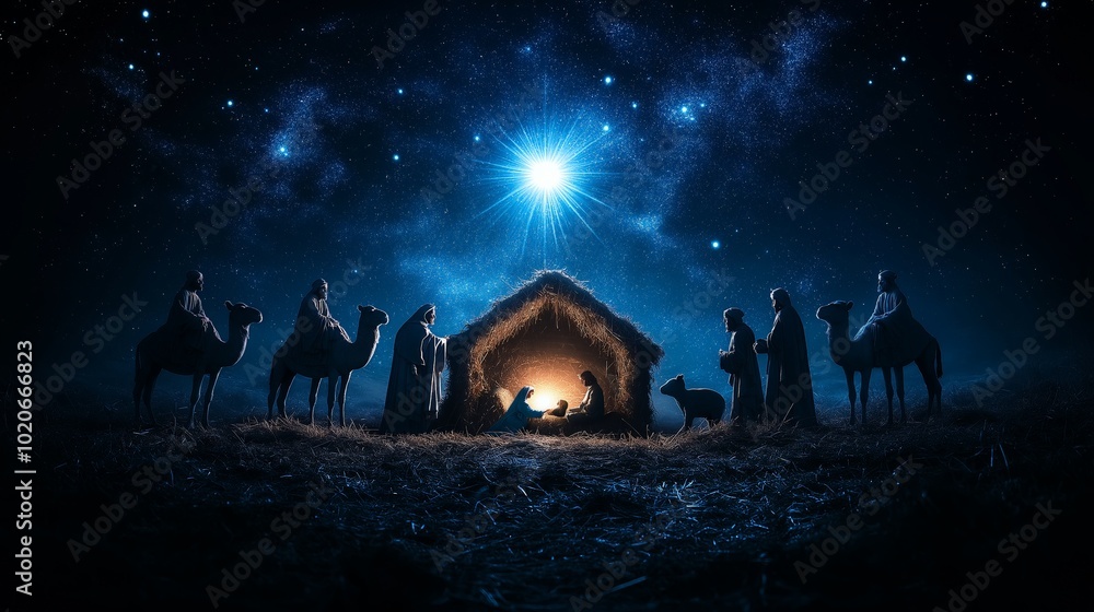 Nativity scene with the Holy Family, shepherds, and camels under the ...