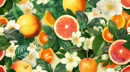 Poster - Brightly colored oranges and grapefruits are surrounded by lush green leaves and delicate white flowers, creating a cheerful display. Generative AI