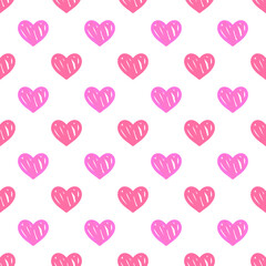 Poster - Hearts cute doodle seamless pattern. Surface pattern design with pink hearts. Vector illustration.