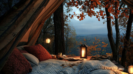 Canvas Print - A bed in a tent with a full moon in the background