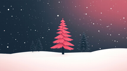 winter landscape with snow snowflakes red tree center and evergreen trees space for text backdrop wallpaper gradient background seasonal xmas holiday christmas cold
