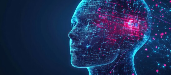 humanoid robot in light neon blue on a technology background. Chatbot or AI concept. Artificial intelligence cyborg